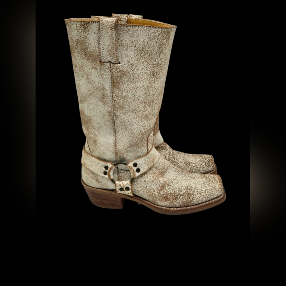 Frye Harness Moto Biker Motorcycle Crackle White Leather Boots Size 8.5